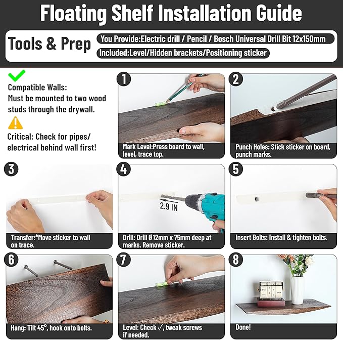 Floating Shelves for Concrete Wall: Solid Wood Shelf 15.75 and 23.6 inch with Heavy Duty Hidden Bracket for Display Books Pla