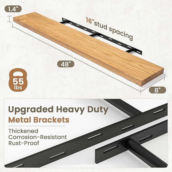 Fun Memories Solid Elm Wood Floating Shelves Set of 1-48 Inch Rustic Wall Shelves with Heavy-Duty Invisible Brackets - for Li