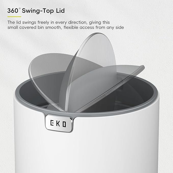 EKO Fandy 0.58 Gal/2.2L Mini Trash Can with Lid, Swing-Top Desktop Trash Can for Bathroom, Countertop, Vanity, Desk or Office, Small Garbage Bin (White)