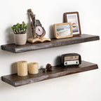 Fun Memories Floating Shelves for Wall Decor Set of 2-32 Inch Solid Elm Wood Live Edge - Rustic Walnut Wall Shelves with Invi