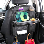 Leather Backseat Car Organizer with Foldable Table Tray & Cup Holder - Car Backseat Organizer for Kids, Women, Road Trip Essentials for SUVs, Trucks and Cars (Black)