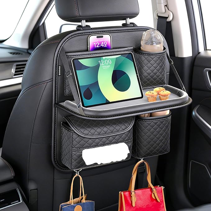 Leather Backseat Car Organizer with Foldable Table Tray & Cup Holder - Car Backseat Organizer for Kids, Women, Road Trip Essentials for SUVs, Trucks and Cars (Black)
