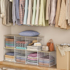 3PCS Stackable Closet Organizers and Storage, Closet Shelves with Wood Top Extra Storage, Clothes Storage Organizer Basket Bi