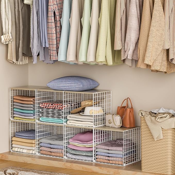 3PCS Stackable Closet Organizers and Storage, Closet Shelves with Wood Top Extra Storage, Clothes Storage Organizer Basket Bi