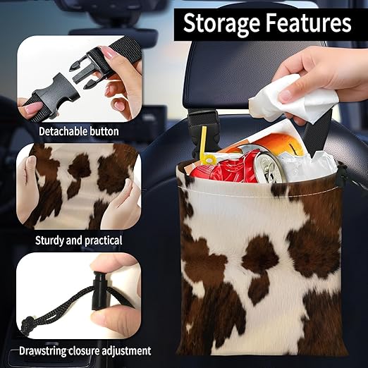 Car Trash Bag Large Hanging Can for Back of Seat, Cute Waterproof Car Garbage Bag for Vehicle, Travelling, Outdoor Cute Brown Cowhide