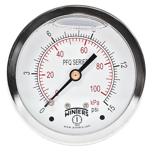 Winters 2-1/2" Dial Size, Liquid Filled Industrial Pressure Gauge, Brass Internals, 304 Stainless Steel Case, Dual Scale 0-15 psi/kPa, 1.5% Acc, 1/4" NPT Back Mount, Glycerin Filled Pressure Gauge