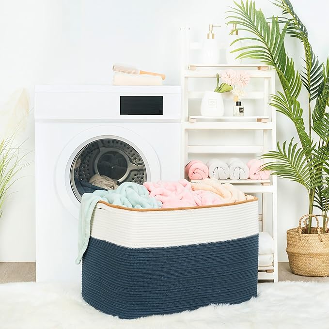 MINTWOOD Design 112L Extra Large Blanket Basket Holder Living Room, 25"x17"x16" Rectangle Rope Woven Storage Basket with Hand