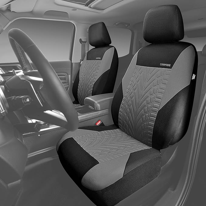 CAR PASS Car Seat Covers Two Front Only for Car, 3D Tyre Print Automotive Interior Covers, Airbag Compatible, Quick Setup Uni