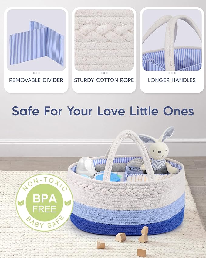 Maliton Baby Diaper Caddy Organizer, Cotton Rope Diaper Caddy Basket, Large Storage Basket for Newborn Boys and Girls, Gift f