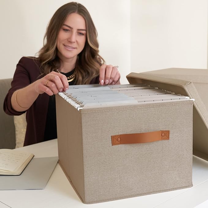 ZICOTO Decorative File Organizer Box Set of 2 - Collapsible Linen Filing Cabinets w/Handles Are Perfect to Store all Your Doc