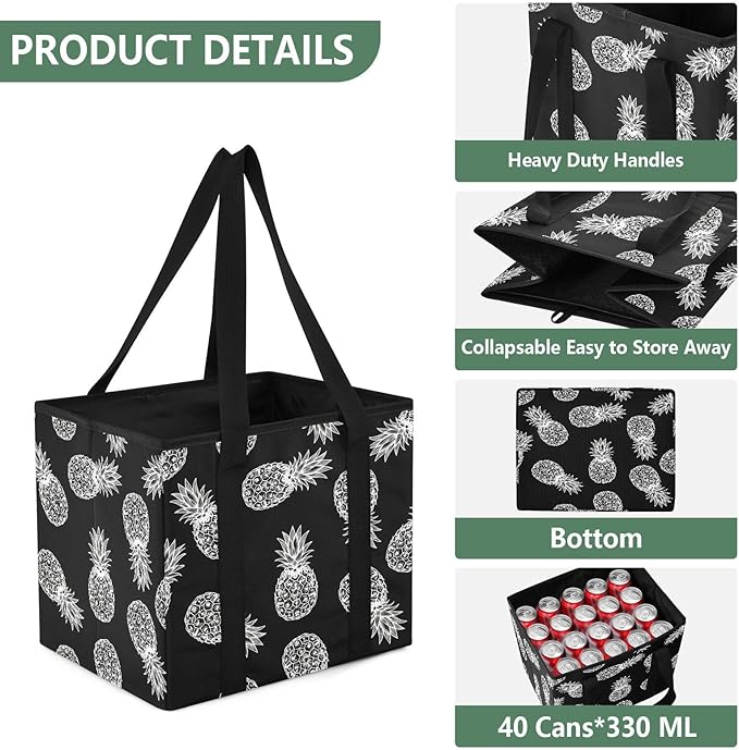 Black Pineapple Reusable Grocery Bags Large Shopping Tote Bag with Reinforced Bottom Board, Water Resistant Foldable Storage 