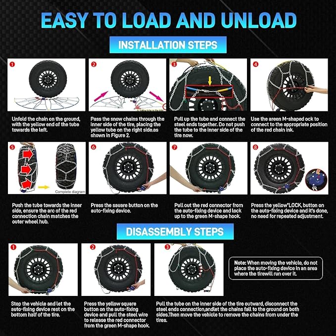 Auto Fixing Snow Chains for Pickup Trucks & SUVs, Heavy Duty Tire Chains with Self-Tensioning, Quick Install Emergency Tracti
