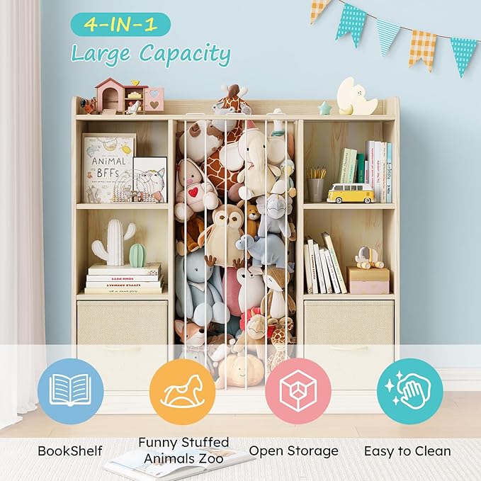 EXPERLAM Toy Storage Organizer with Stuffed Animal Storage, Wooden Toy Organizer & Stuffed Animal Zoo, 6 Cubes Shelf with Rem