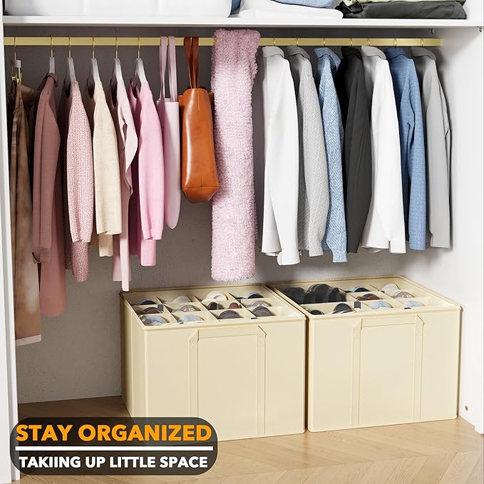 SpaceAid Shoe Organizer for Closet, 2 Pack Foldable Shoe Storage Containers Baskets Boxes Bins w/Adjustable Dividers, Fits 16