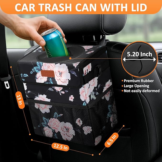 4.2 Gallons Car Trash Can with Lid, Bag Bin Hanging Waterproof Automotive Car Garbage Cans Leak Proof Vehicle Trash Can for Truck SUV,Black Floral
