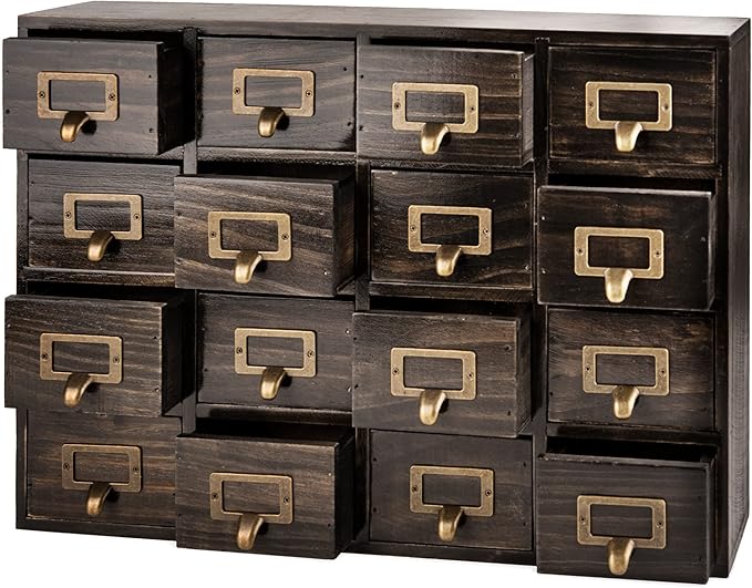 Dark Ash 16-Drawer Card Catalog Artisan Drawer Chest - 20"x3.6"x14" - Desktop Apothecary Crafted in Solid Wood, Curating Time