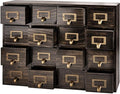 Dark Ash 16-Drawer Card Catalog Artisan Drawer Chest - 20"x3.6"x14" - Desktop Apothecary Crafted in Solid Wood, Curating Time