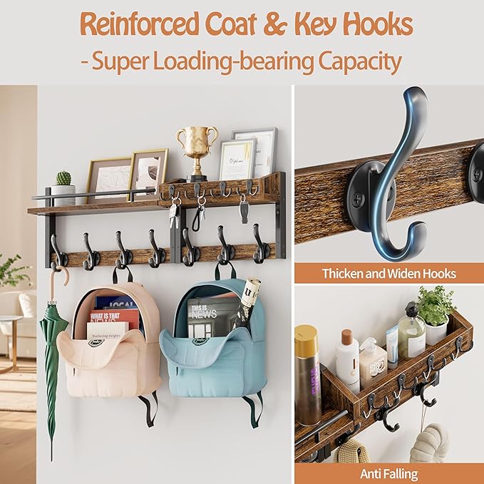 29 inch Coat Rack Wall Mount with Shelf, Set of 2 Entryway Wall Shelf with Hooks, Heavy Duty Coat Hanger Wall Mount with Key 