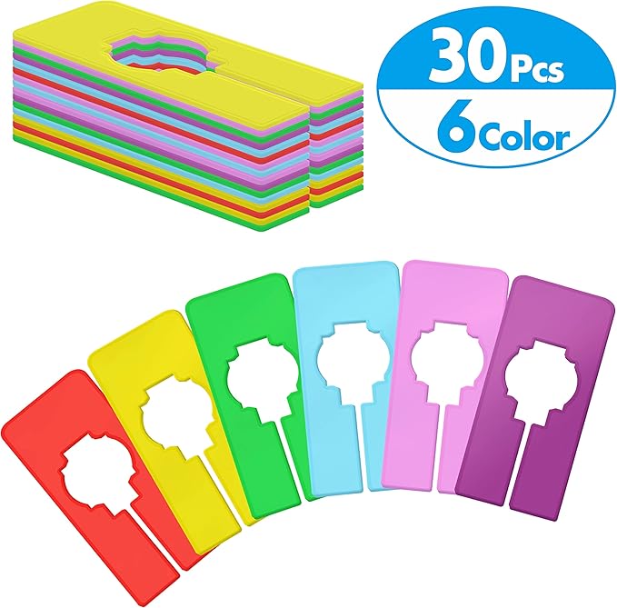 30 PCS Closet Rack Dividers, 6 Colors Rectangular Clothing Hanger Dividers with a Bonus Marker, Writable & Reusable for Sorti