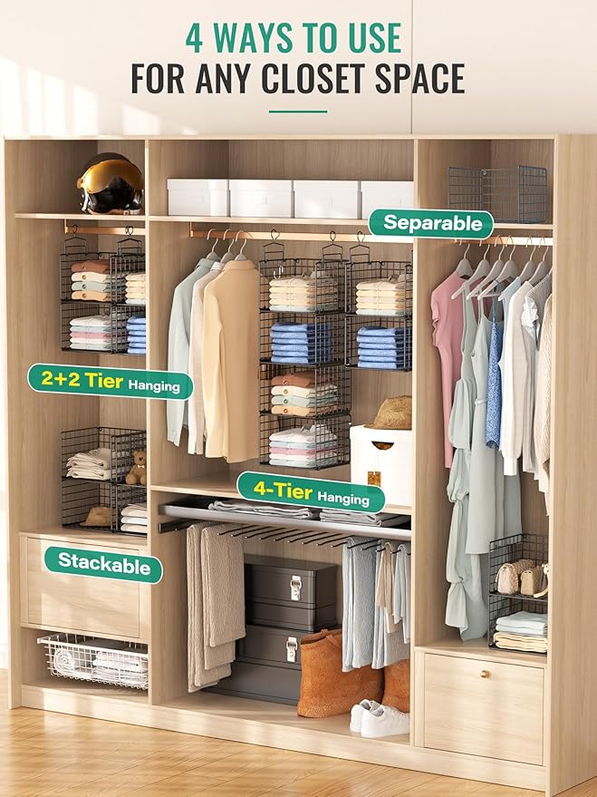 Hanging Closet Organizer, 4 Tier Metal Closet Organizers and Storage with 4 Hanging Hooks 4 S-Hooks for Wardrobe Laundry Room