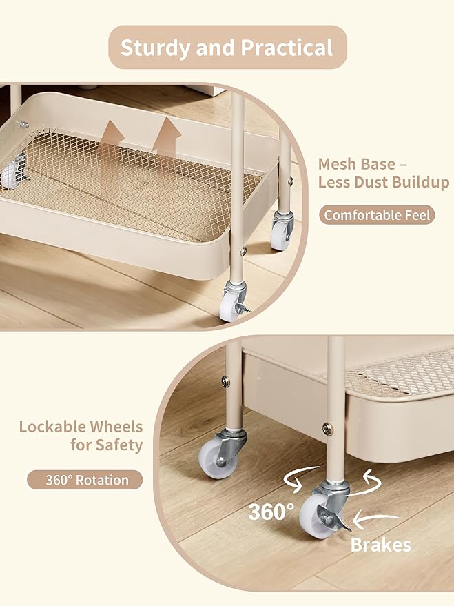 Fortella Baby Diaper Caddy, 3 Tier Rolling Storage Cart for Baby Essentials, Diaper Cart with Detachable Dividers, Storage & 
