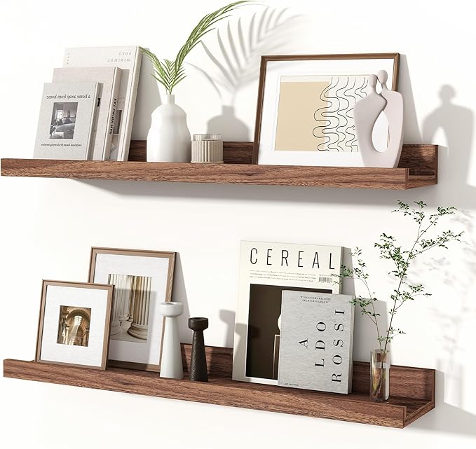 Fun Memories Picture Ledge Shelves Set of 2, 24 Inch Rustic Wall Mounted Floating Shelves with Lip for Home Storage and Décor