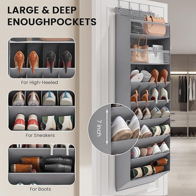 Mefirt 16-20 Pairs Over the Door Shoe Organizer, Clear Pockets Shoe Rack for Closet Door, Hanging Shoe Rack for Boots, Behind