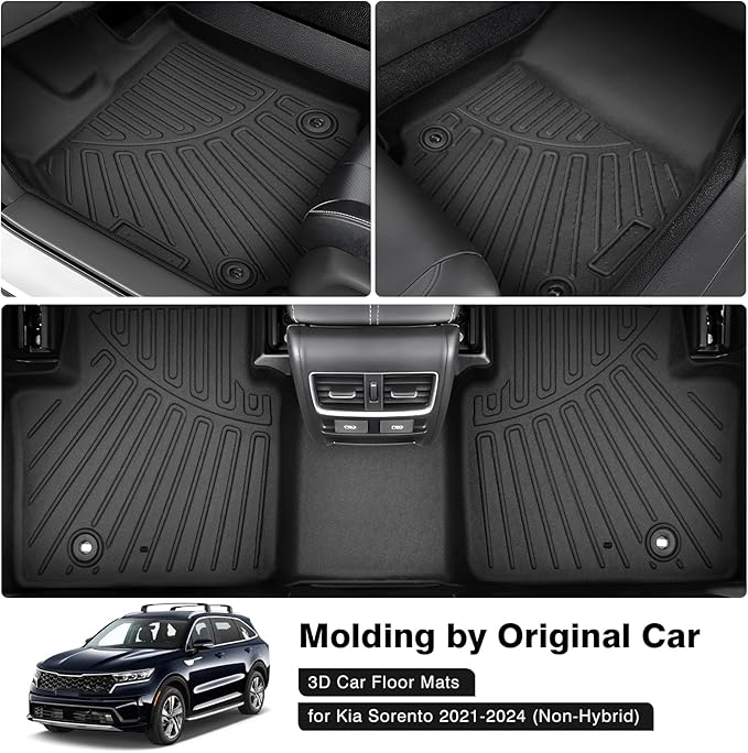 Powerty Floor Mats for 2021-2025 2026 Kia Sorento (Non-Hybrid) Accessories All Weather Floor Liner 3D TPE 1st & 2nd Row Floor Mat Heavy-Duty Floor Liners