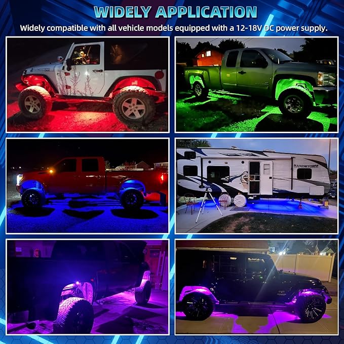 20 Pods RGB LED Rock Lights for Semi Trucks Offroad Pickup Trailer Sedan Boat, 12V Waterproof Dual Zone APP/RF Control Music Mode Brake Light Red Green Blue Underglow Neon Kit with Extension Wires