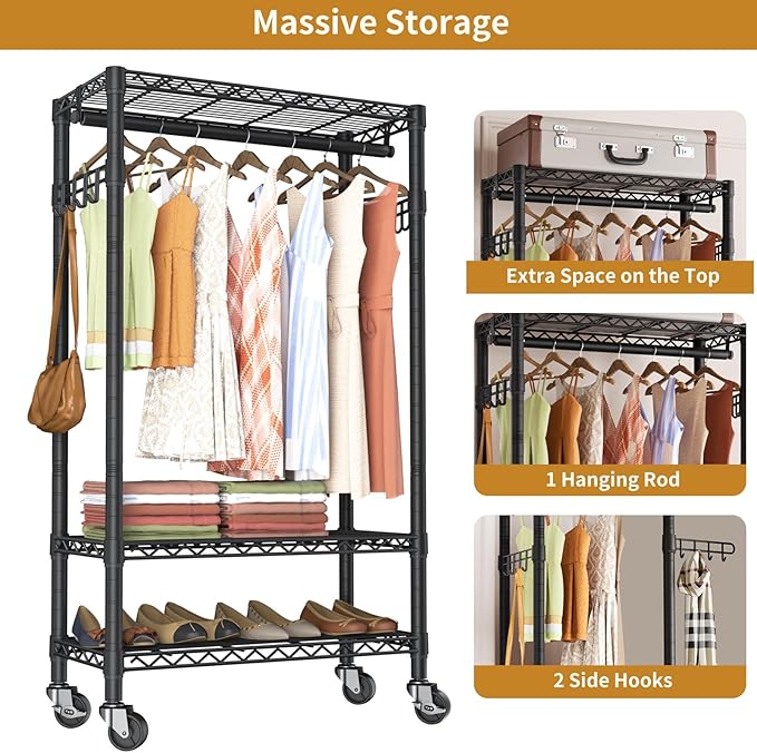 Heavy Duty Clothes Rack Rolling Garment Rack,3 Tier Adjustable Wire Shelving Clothing Racks for Hanging Clothes with Hanger R