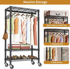 Heavy Duty Clothes Rack Rolling Garment Rack,3 Tier Adjustable Wire Shelving Clothing Racks for Hanging Clothes with Hanger R