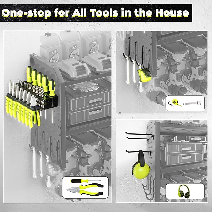 KAFAHOM Power Tool Organizer, Large 8 Drill Holder Wall Mount with 2 Side Pegboards, Heavy Duty Metal Tool Shelf with 12 Hook