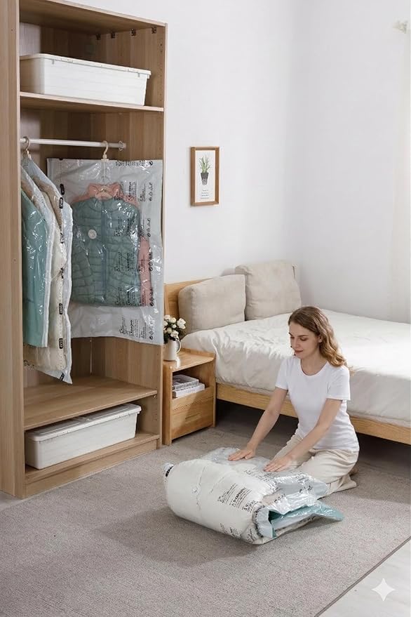 Vacuum Storage Bags for Clothing - NeatNest 6 Pack Space Saver Garment Bags with Hangers, 3 Medium + 3 Large, Vacuum or Hand 