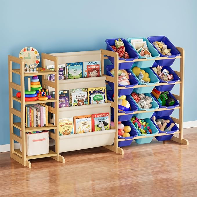 SpaceAid 3-in-1 Toy Storage Organizer with 4 Shelves and 12 Bins, Toy Organizers Storage 3-Tier Bookshelf, Kids Bin Shelf Box