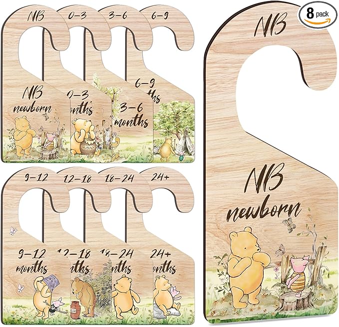 8PCS Classic Winnie Baby Closet Dividers for Newborn, the Pooh Baby Nursery Decor Wooden Hanger, Winnie Clothes Dividers for 