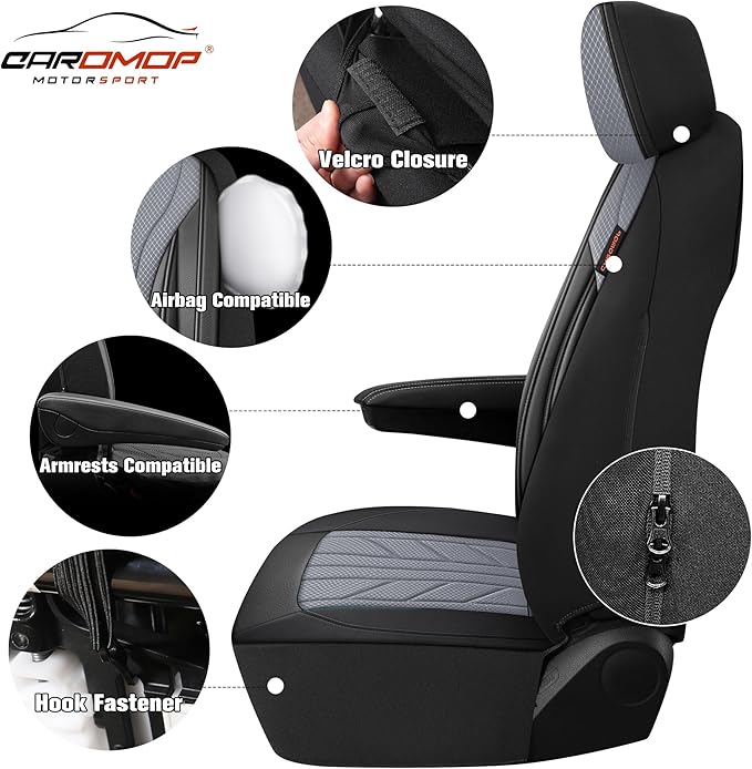 CAROMOP Luxury Faux Leather&Fabric Car Seat Covers Full Set with Breathable 3D Foam Back Support,Universal Comfortable Seat C