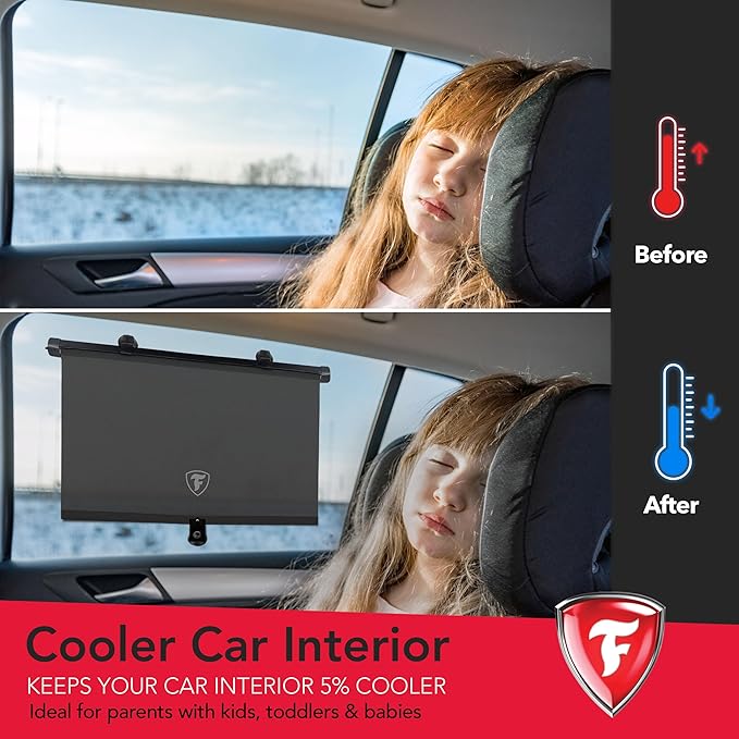 Firestone 2 Pack Retractable Automotive Sunshade Car Window Sunshades - Blocks 99% UV Rays, Lightweight & Compact Car Side Window Shade with Automatic Retract Button, Blocks Glare & Heat, Black