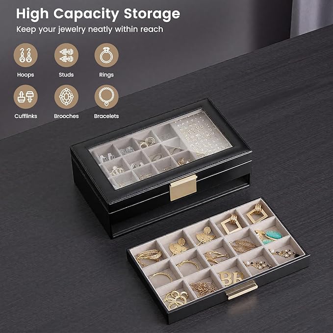 Lolalet Earring Storage Box Case with Glass Top, Large Earring Jewelry Holder Organizer Display with Drawer and Grid, Gifts f