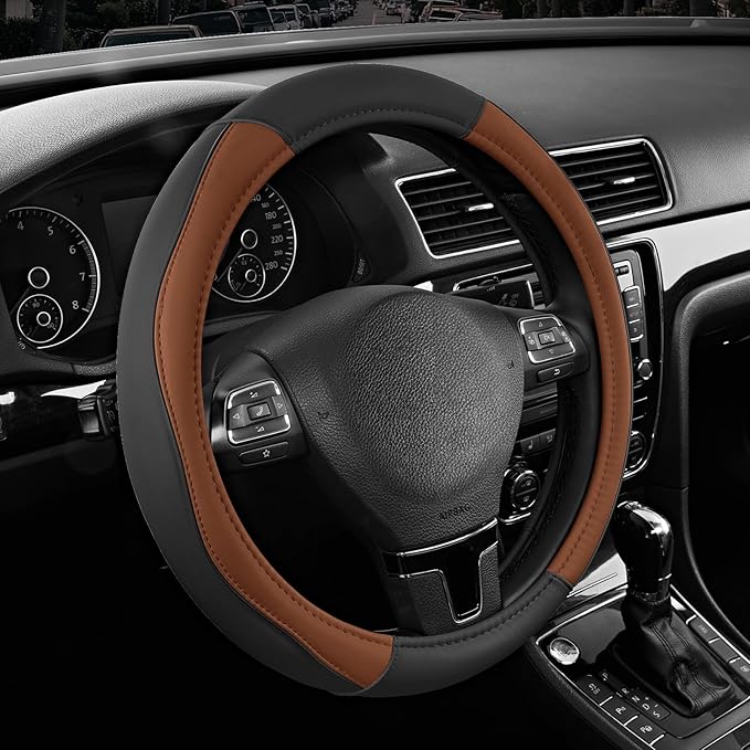Road Comforts Leather Steering Wheel Cover with Decorative Trim and Piping, Anti-Slip Breathable Design, Fits 14.5–15 Inch Ro