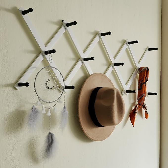 SKOLOO Hat Rack for Wall with 14 Hooks, Solid Wooden, Modern, Expandable Coat Rack Wall Mount for Coats, Hats, Bags, Baseball