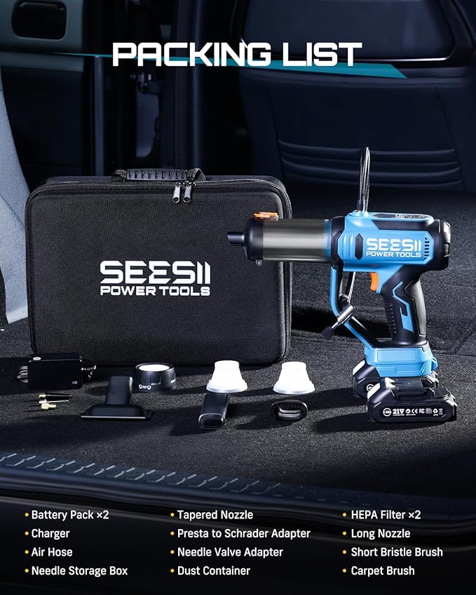 SEESII 3-in-1 Tire Inflator: Portable Air Compressor & Car Vacuum Cordless & Led Work Light with 2×2000mAh Batteries, 21V Tire Air Pump 150PSI w/Digital Gauge+Auto-Shutoff for Ball/Bike/Car/Home