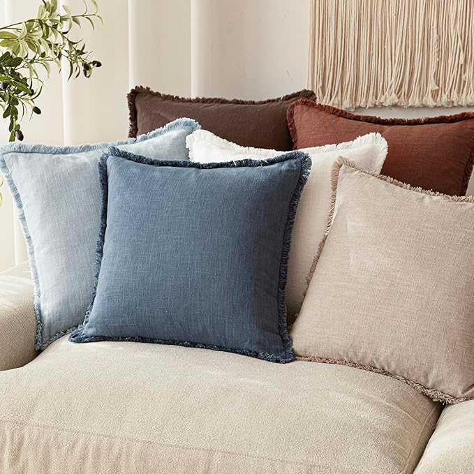 Foindtower Set of 2 Decorative Linen Fringe Throw Pillow Covers Cozy Farmhouse Cushion Cover with Tassels Accent Pillowcase f