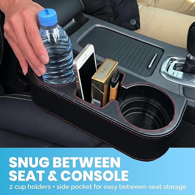 Car Cup Holder, Auto Front Seat Cup Holder, PU Leather Cover Cup Drink Holder, Car Seat Gap Filler Organizer, Side Cup Holder for Car Coin Bucket, Cell Mobile Phone Holder, Black