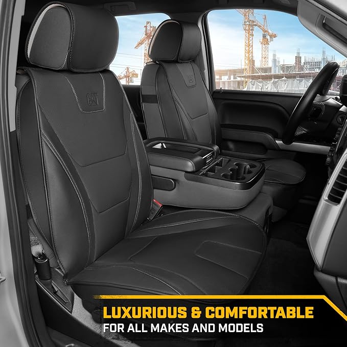 Cat® Edge Deluxe Faux Leather Car Seat Covers – Full Set (2 Front + 1 Rear Bench) – Semi-Custom Universal Fit, Two-Tone Black