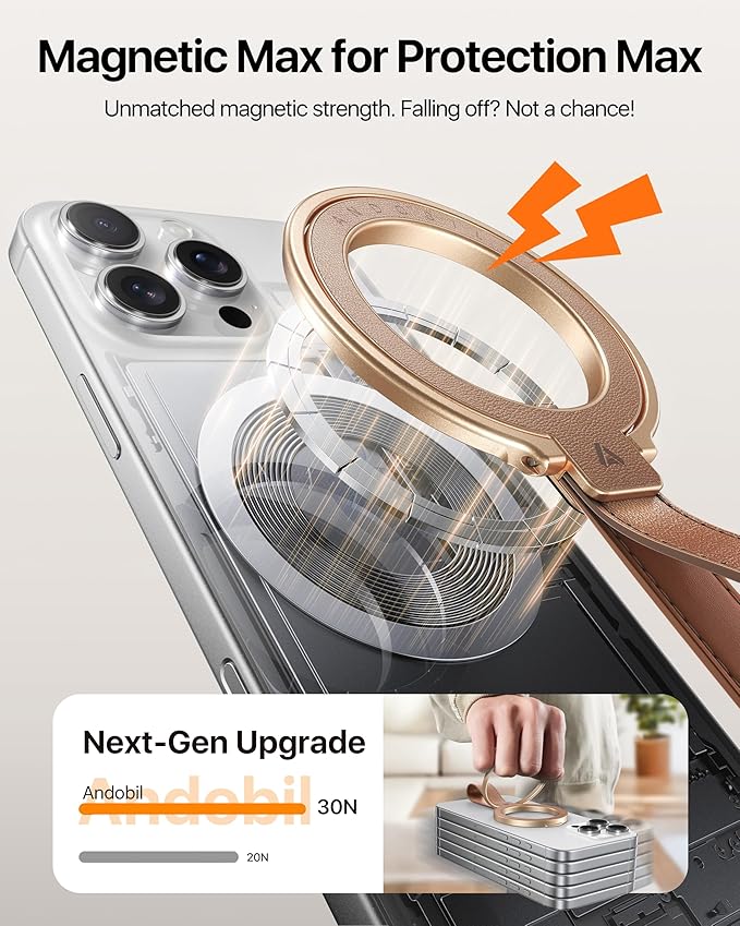 andobil [2026 Premium Leather] Magnetic Phone Grip for MagSafe [Longest Durable] Adjustable Phone Ring Kickstand with Leather Loop Compatible with MagSafe Accessories&iPhone 17 Air 16 15 14 13 Pro Max