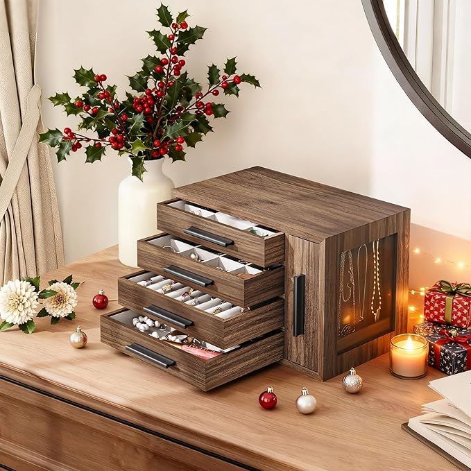 HOOBRO Jewelry Box for Women, Wooden Jewelry Organizer with Transparent Window, 4-Layer Jewelry Organizer Box, Jewelry Holder