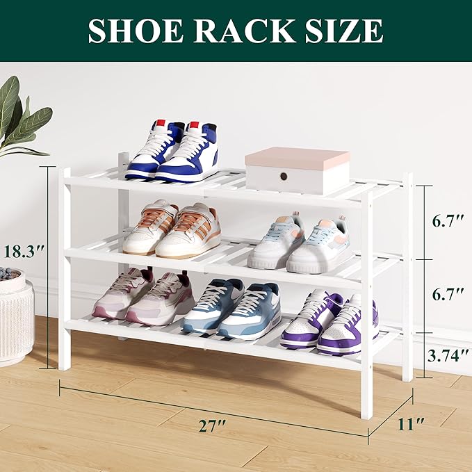 Smiry Bamboo Shoe Rack for Closet, 3 Tier Wooden Stackable Shoe Organizer, Free Standing Shoes Storage Shelf for Entryway, Fr