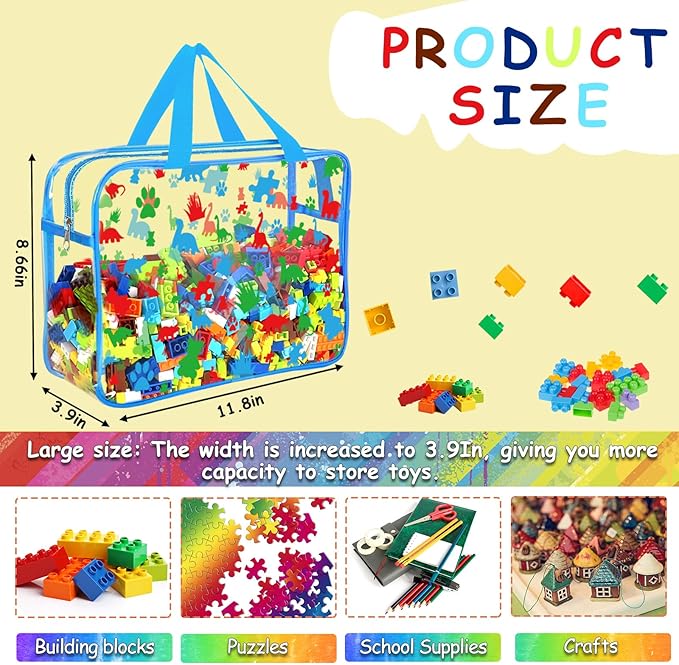 6 Packs Large Toy Storage Bags with Labels, Reusable Clear PVC Storage Bag, Travel Waterproof Organizer Bags (Blue-cute patte