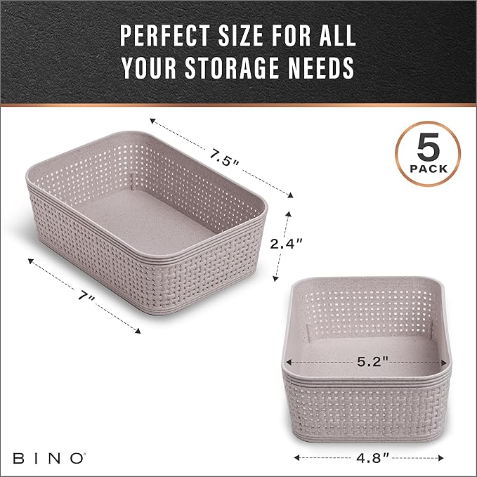 BINO | Woven Plastic Basket | XS (Natural Grey), 5-Pack | THE JUTE COLLECTION | Home Organization, Space - Saving Storage, St