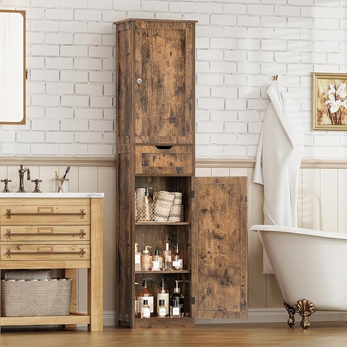 Iwell 67" Tall Storage Cabinet, Bathroom Cabinet with Drawer & Adjustable Shelves, Narrow Storage Cabinet, Floor Cabinet for 